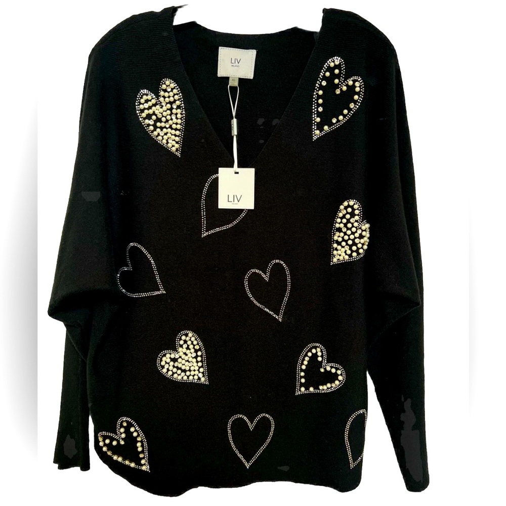 Sweater hearts studded rhinestones and pearls
